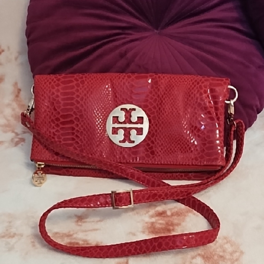 Tory Burch Red Embossed Leather Crossbody /Clutch